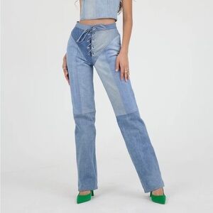 EB Denim Lace-Up Colorblock Jeans Reclaimed Cotton Medium Wash Large NWT